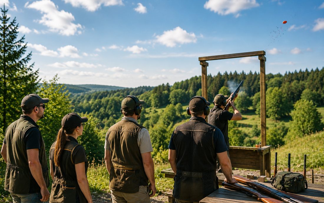 Gruppe steht am Schiessstand und verfolgt, wie ein Teilnehmer auf eine Wurfscheibe schiesst (AI-generiertes Bild)